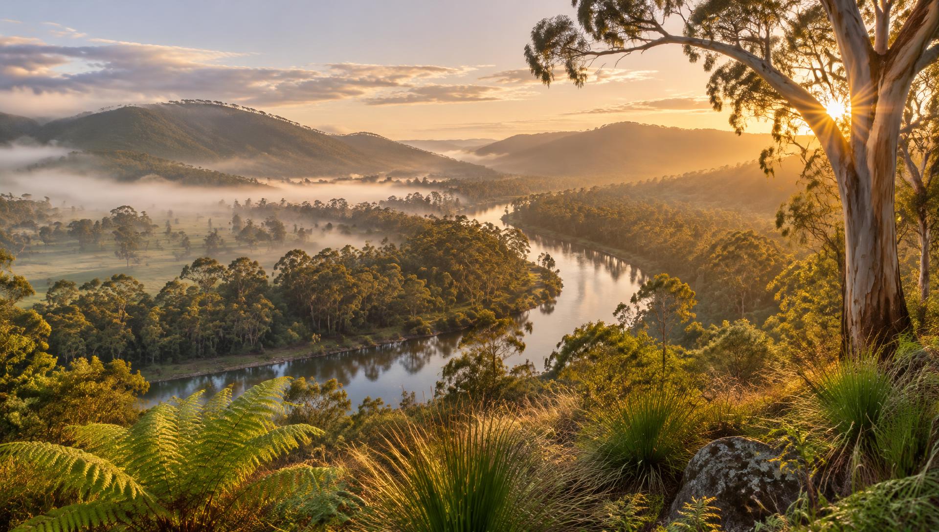 Flourishing Victorian river valley with eucalyptus bushland in morning sunlight
